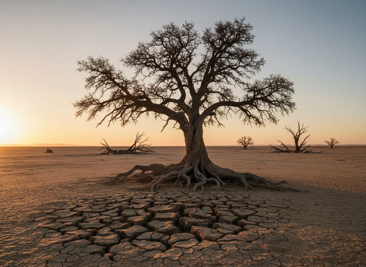 Single oak tree standing in cracked desert at sunset with fallen trees behind, symbolizing resilience