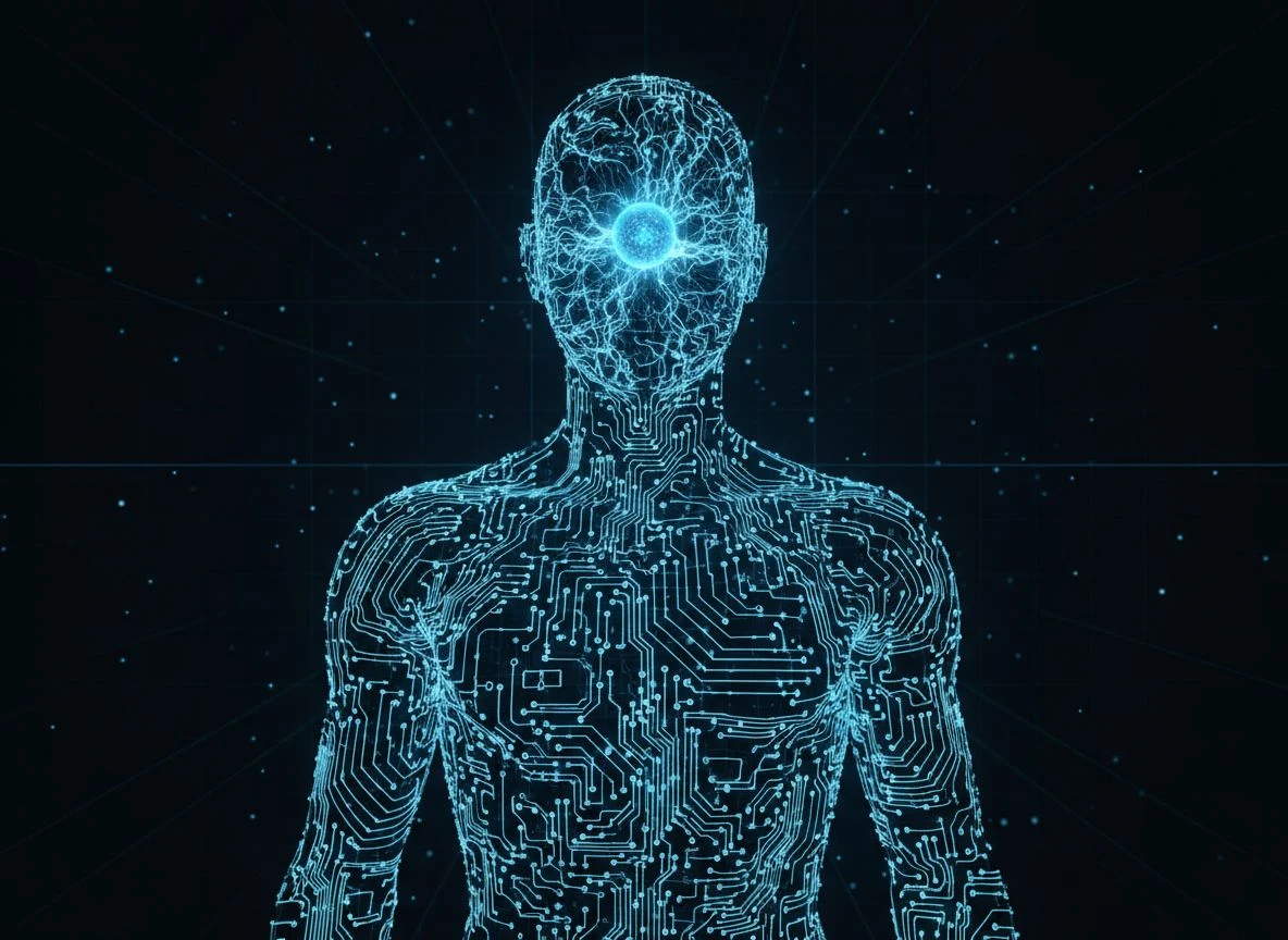 Human silhouette with glowing neural network patterns in the head, one orb highlighted