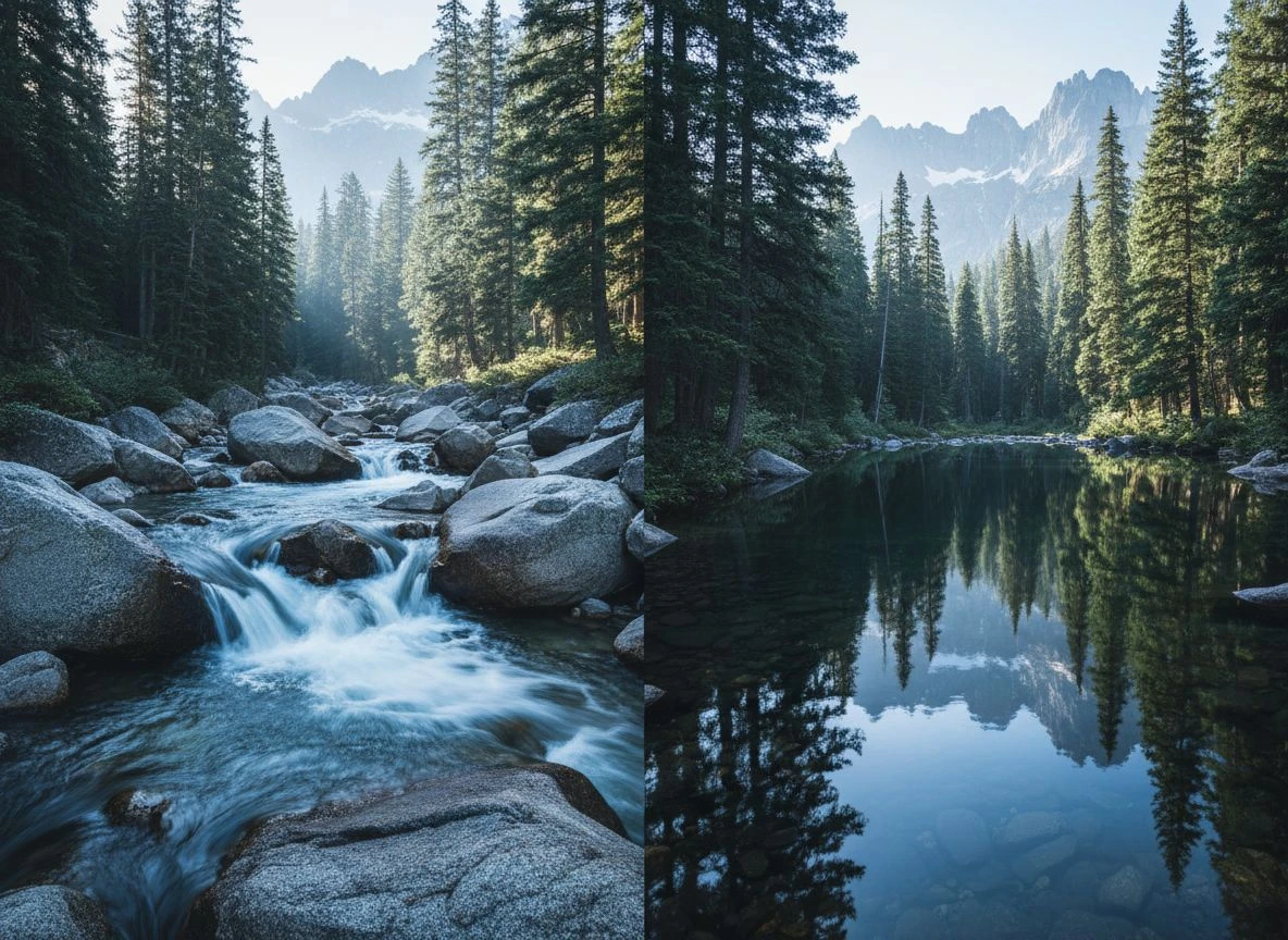 Mountain stream flowing into a still pool surrounded by pine forest at morning