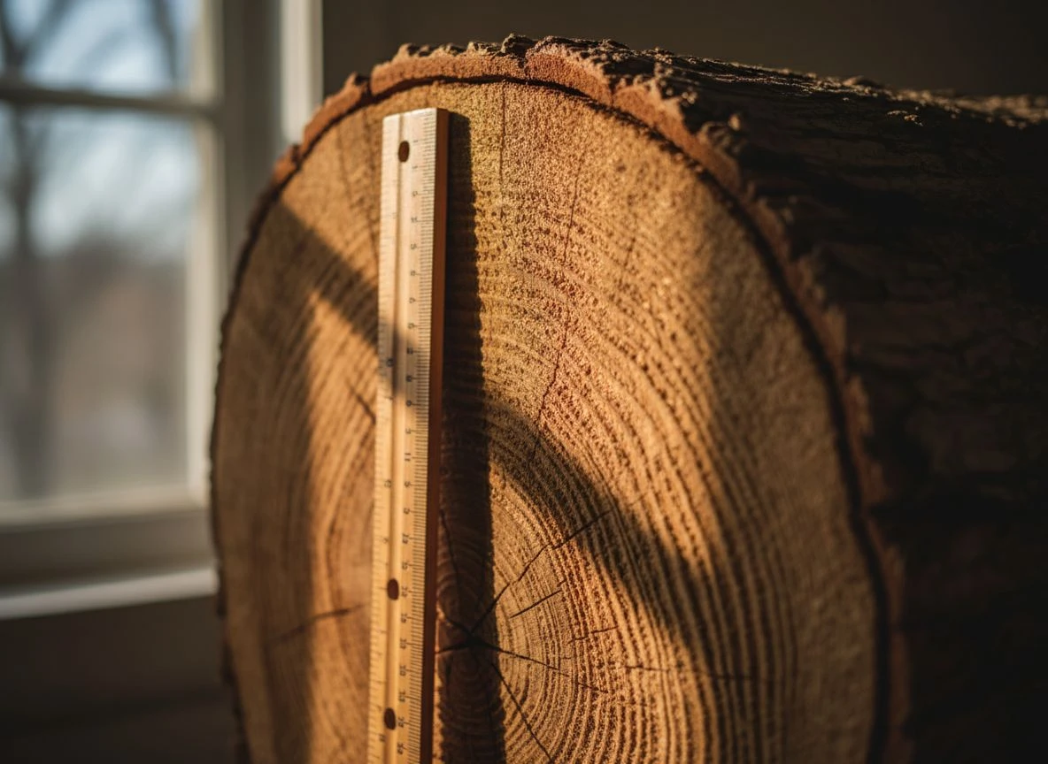 Tree stump cross-section with growth rings and ruler showing ten-year mark
