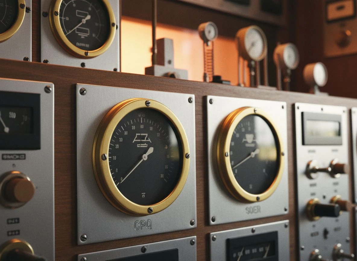 A vintage analog control panel with brass dials and gauges