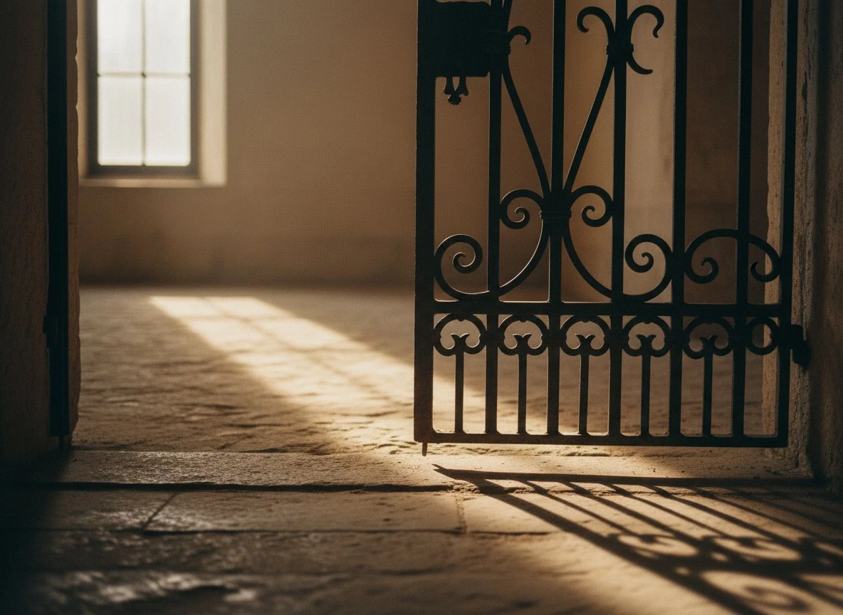 A heavy iron gate half open on a stone floor, with a sharp line of light at the threshold