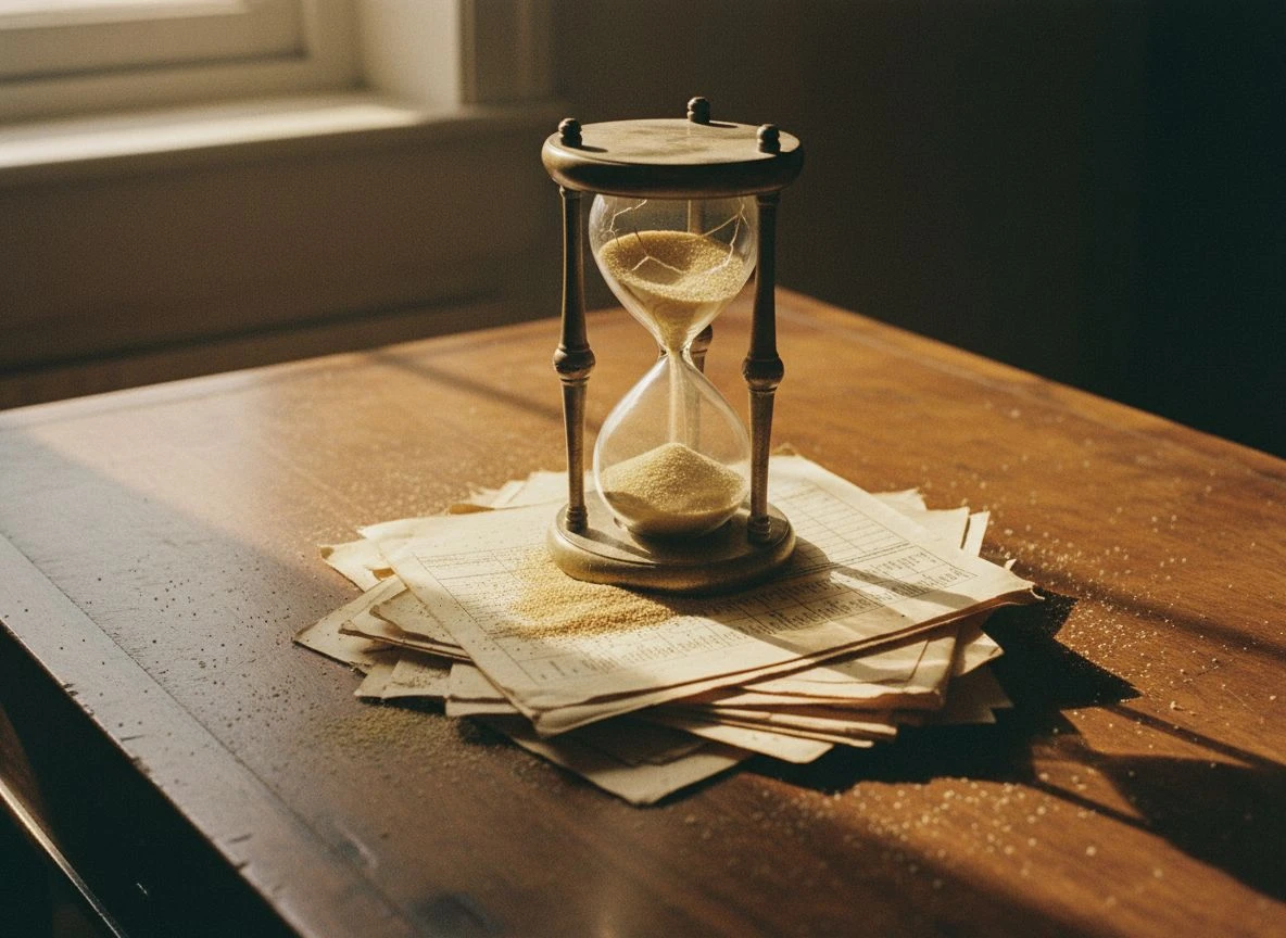 A wooden desk with a leaking hourglass and stack of fading papers