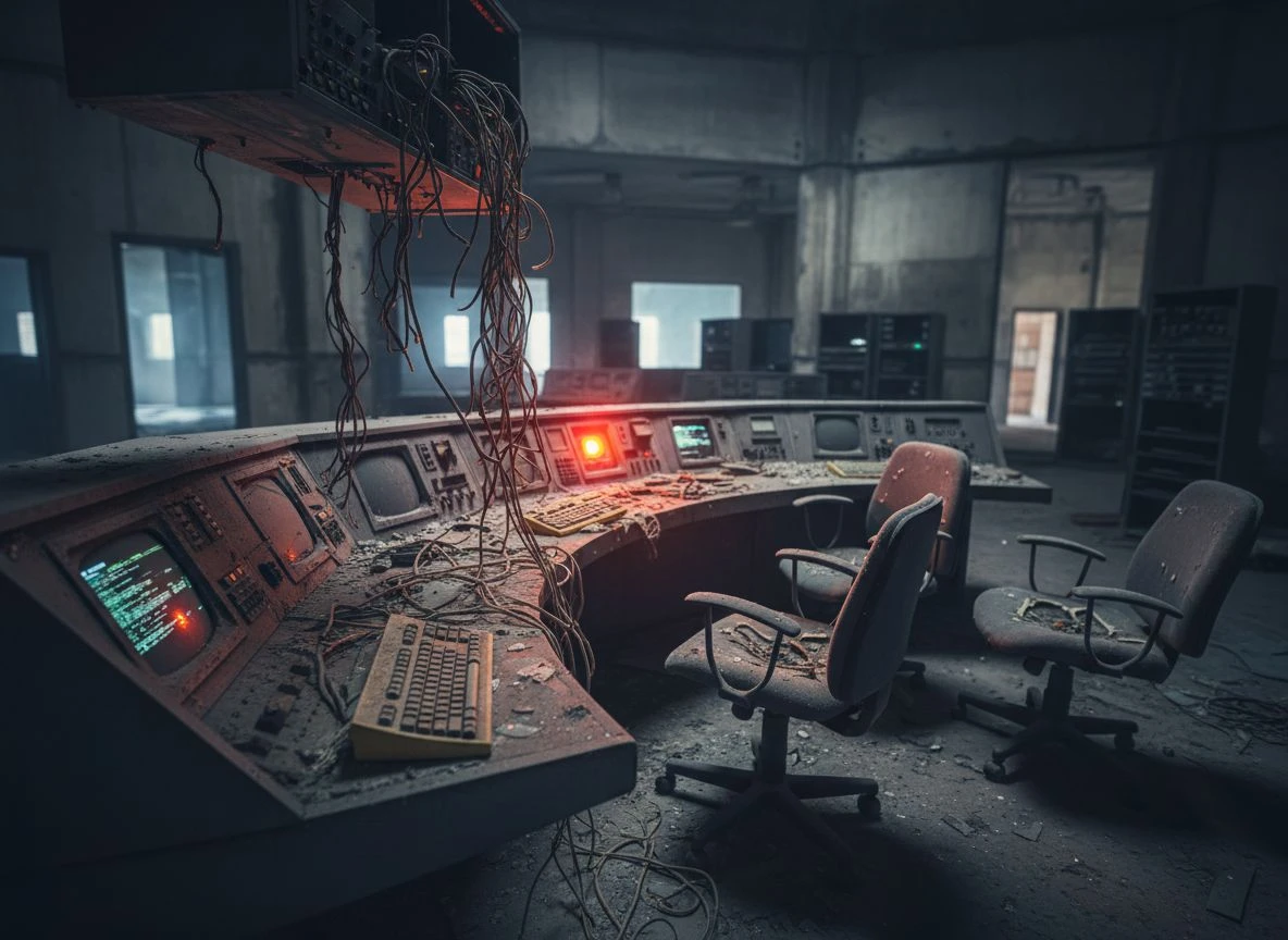 An abandoned control room with a dusty console and a flashing red warning light
