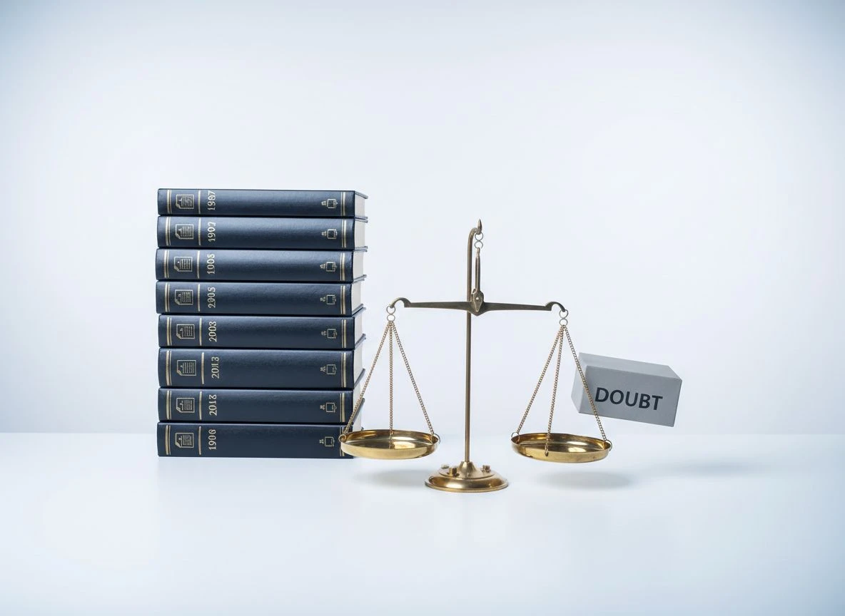 A balance scale with heavy workload on left and small doubt weight on right showing cost asymmetry. A balance scale with heavy workload on left and small doubt weight on right showing cost asymmetry.