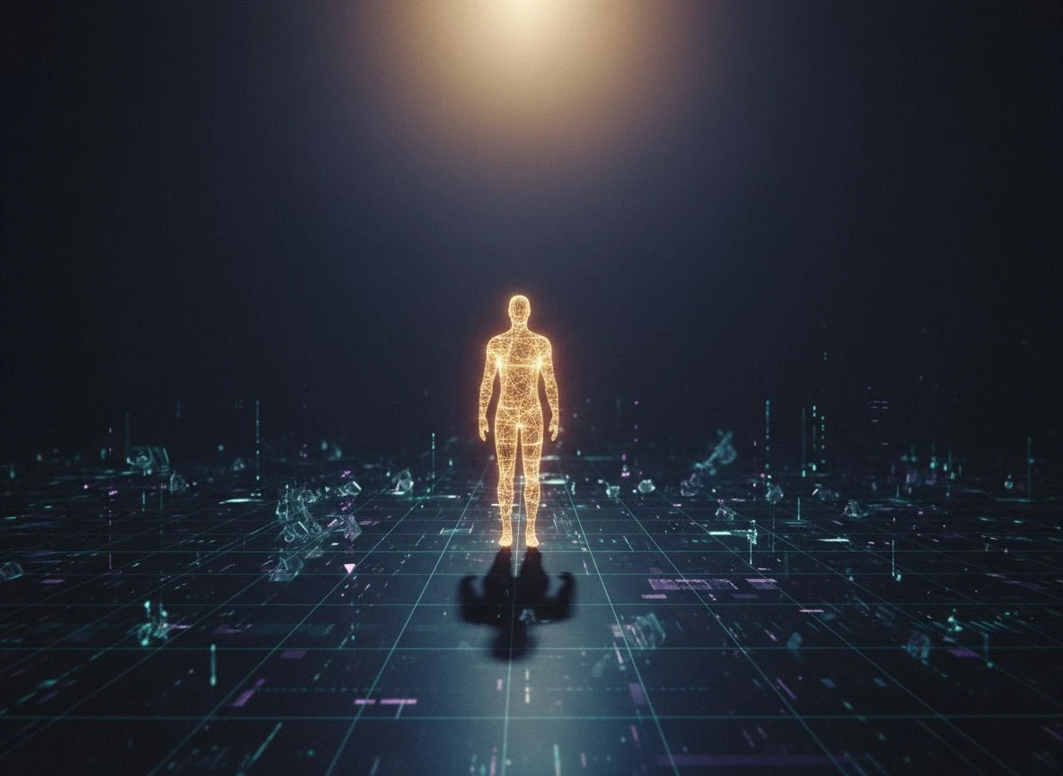 Lone illuminated figure in dark digital landscape symbolizing AI invisibility gap