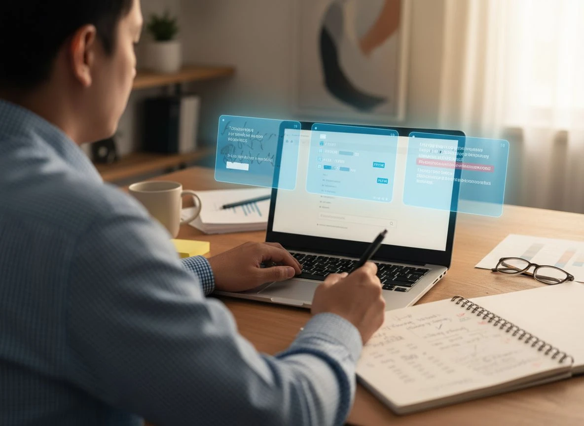 Executive performing Mirror Moment assessment with AI chatbots showing incomplete results