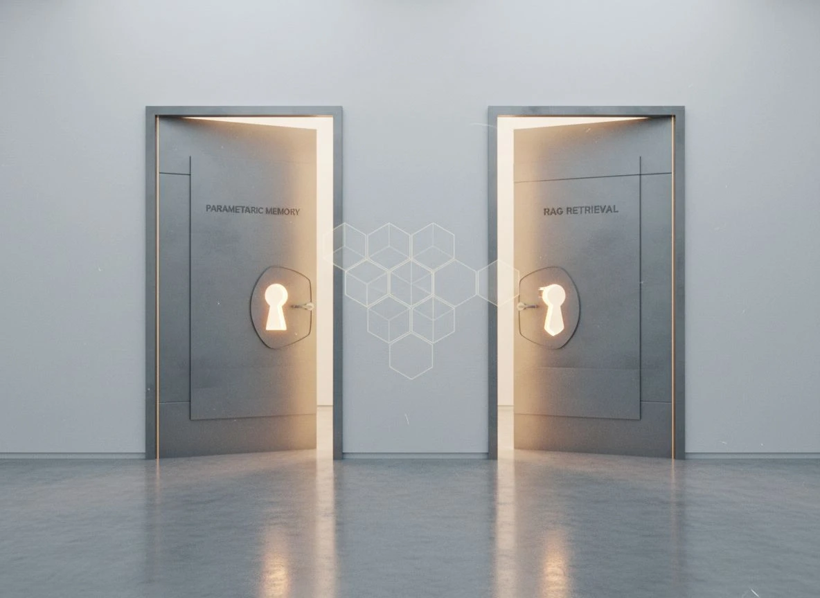 Two architectural doors representing Parametric Memory and RAG retrieval pathways for AI citation