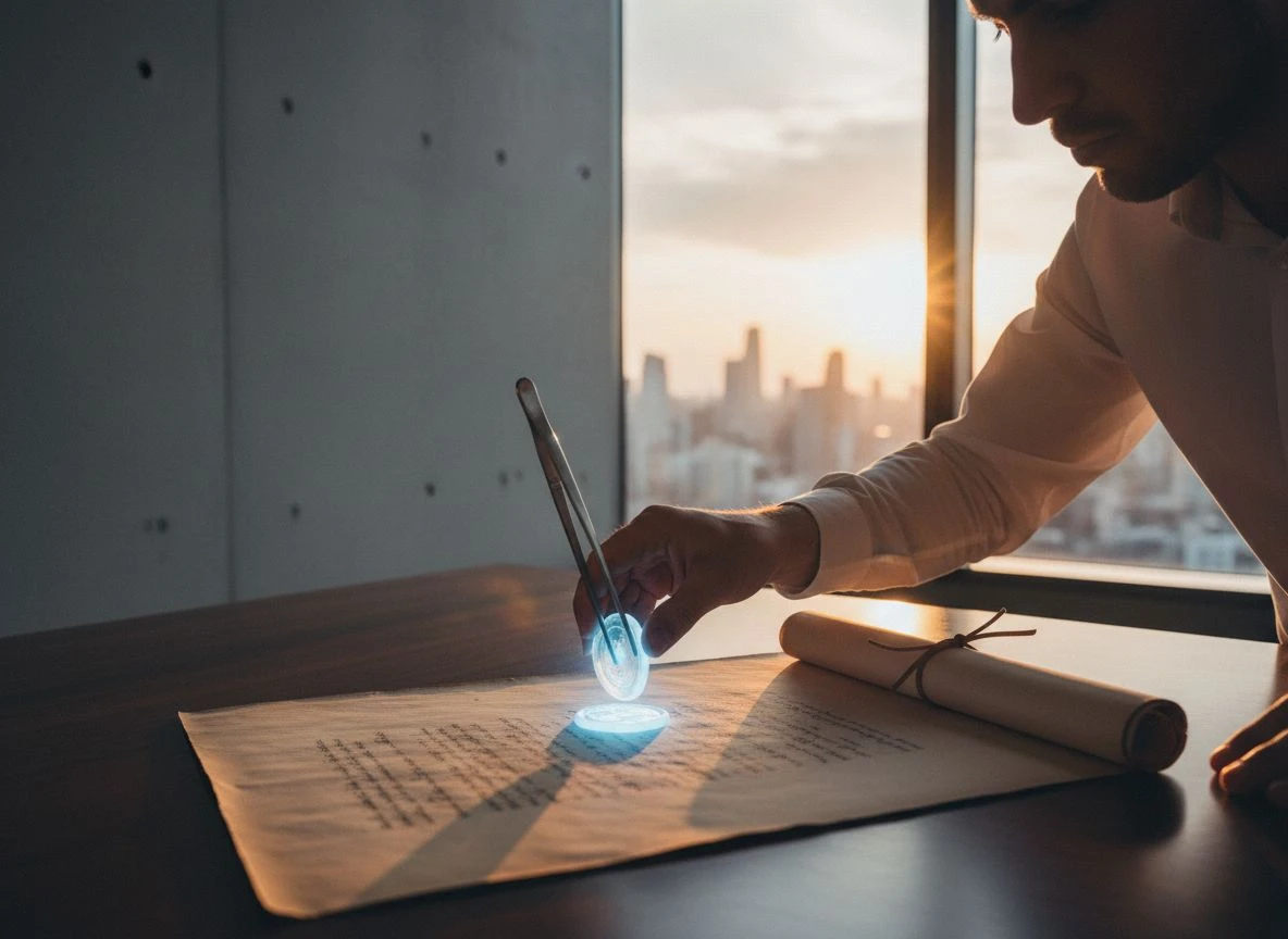 A person placing a glowing seal on a parchment document, symbolizing the Algorithmic Birth Certificate and Answer Capsule.