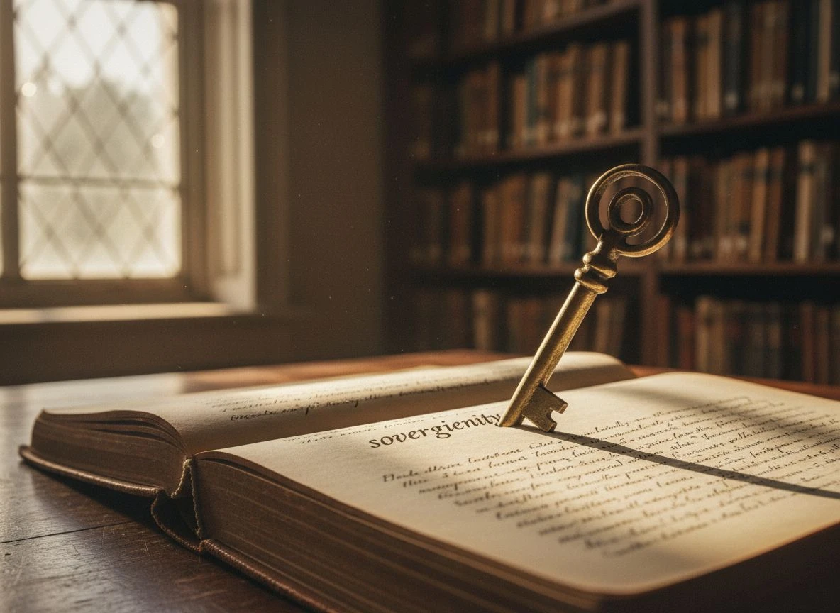 A brass key inserted into an open antique book, symbolizing first-creator attribution and vocabulary sovereignty.