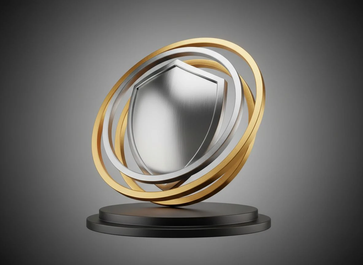 Three concentric interlocking rings on a metallic shield on a dark pedestal in a studio