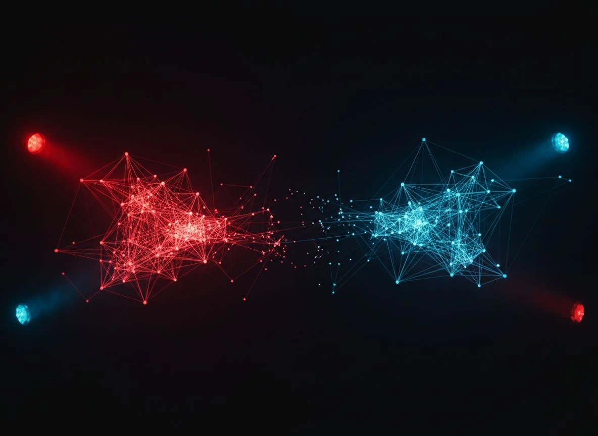 Abstract digital network with red and blue node clusters facing each other with intersecting light beams