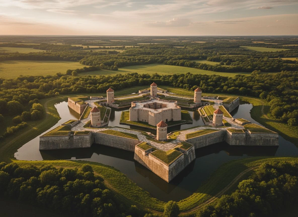 Aerial view of a star fortress with three concentric stone wall rings and moats in green landscape at golden hour