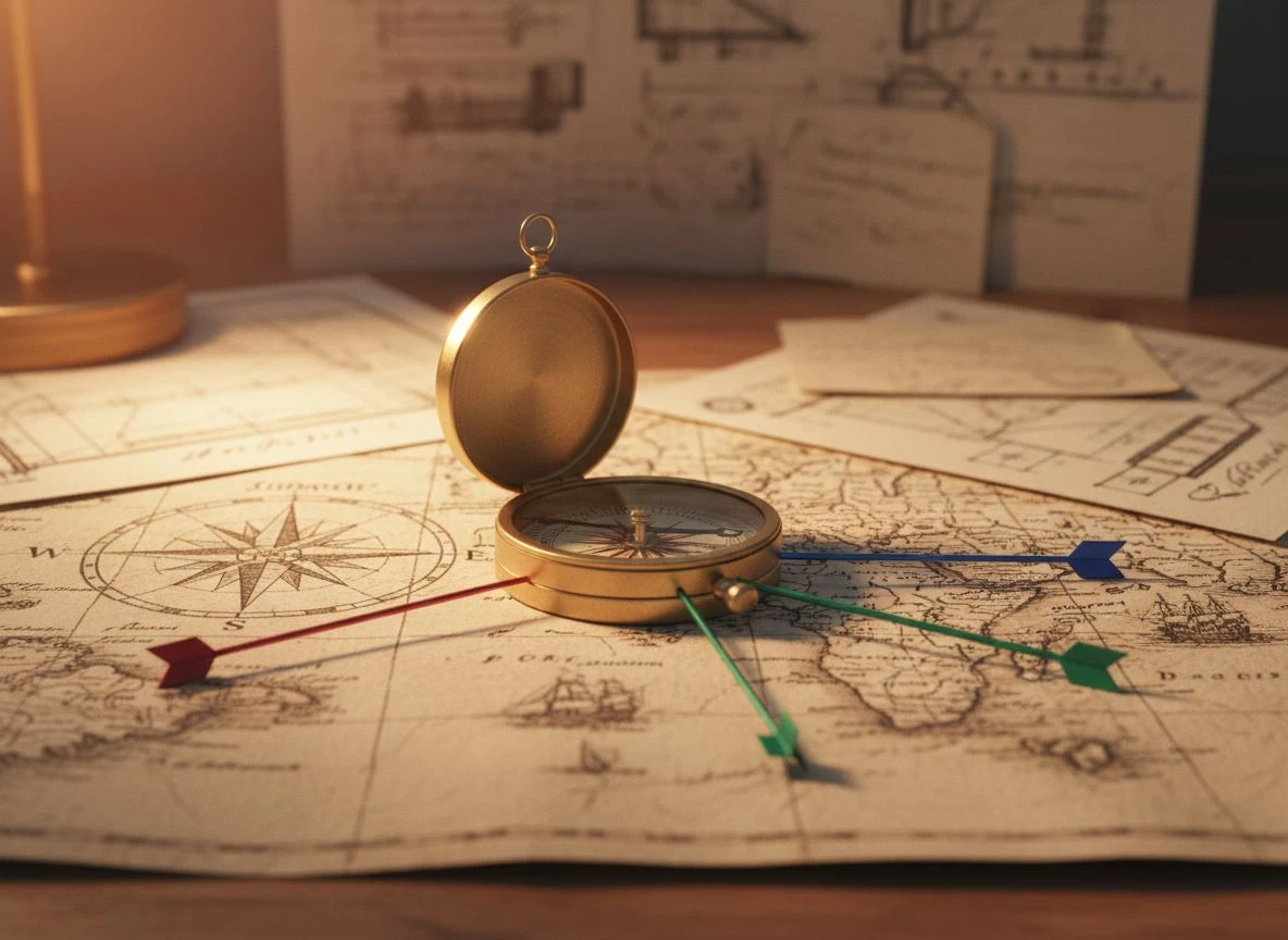 Vintage compass on antique map with three colored arrows pointing in different directions on a wooden desk